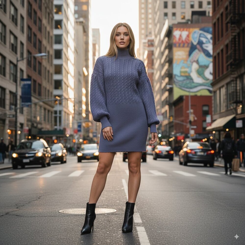 En Saison Bettany Mini Cable Knit Sweater Dress in Blue NWT Size Small